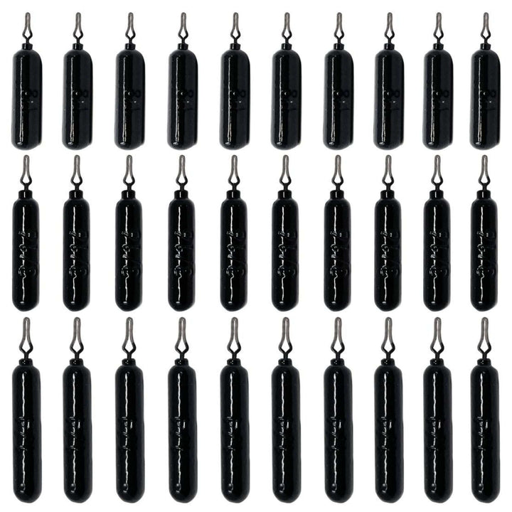 Reaction Tackle lead drop shot weights, 1/8 oz, in a 25-pack, ideal for bass fishing, shown in bulk pack with weights and fishing gear.