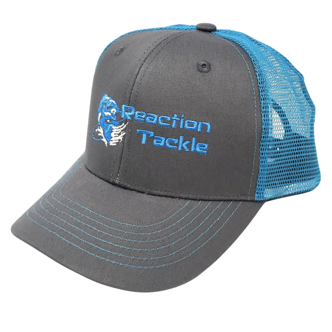 Blue-gray Reaction Tackle hat featuring a curved brim and adjustable strap, perfect for fishing and outdoor activities.