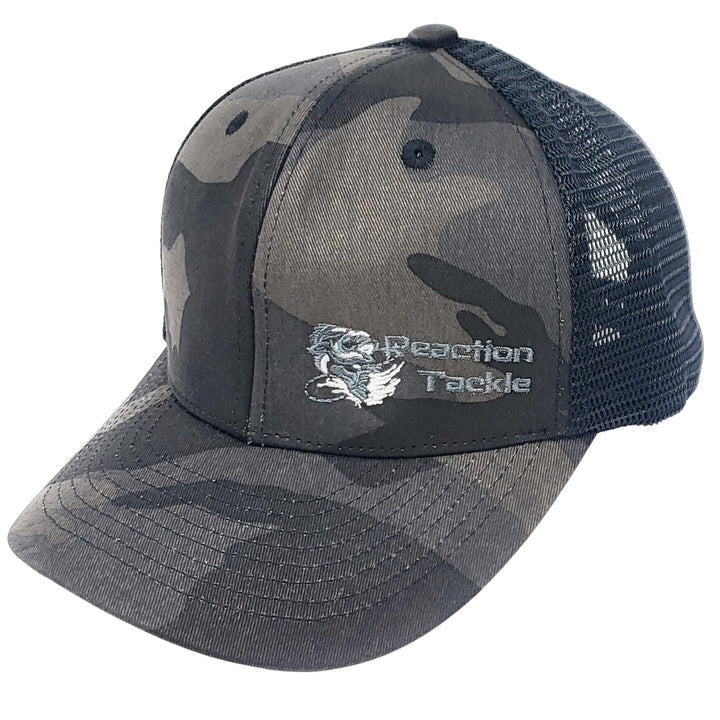 Reaction Tackle dark camouflage hat with adjustable strap and curved brim, designed for outdoor fishing and hunting activities.