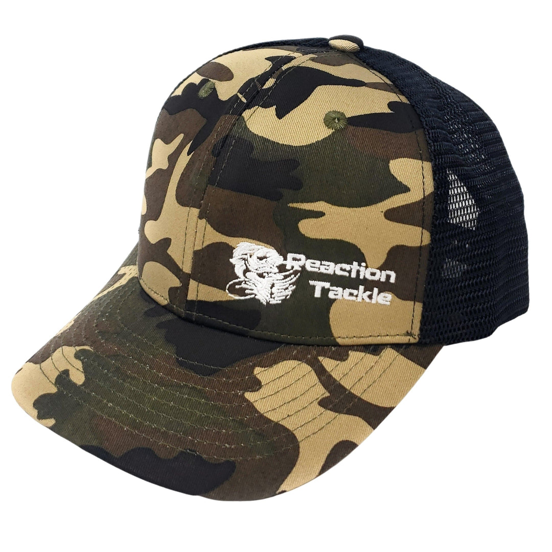 Reaction Tackle camo hat with adjustable strap and curved brim, designed for outdoor and fishing activities.