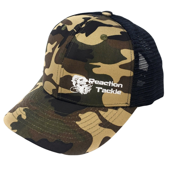 Reaction Tackle camo hat with adjustable strap and curved brim, designed for outdoor and fishing activities.