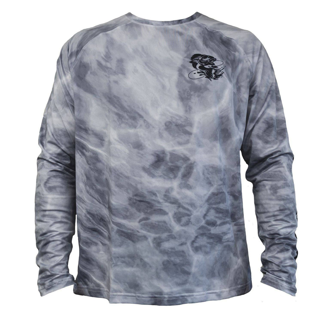 Gray Reaction Tackle SPF 50+ UPF long sleeve fishing shirt with UV protection, designed for outdoor fishing activities.
