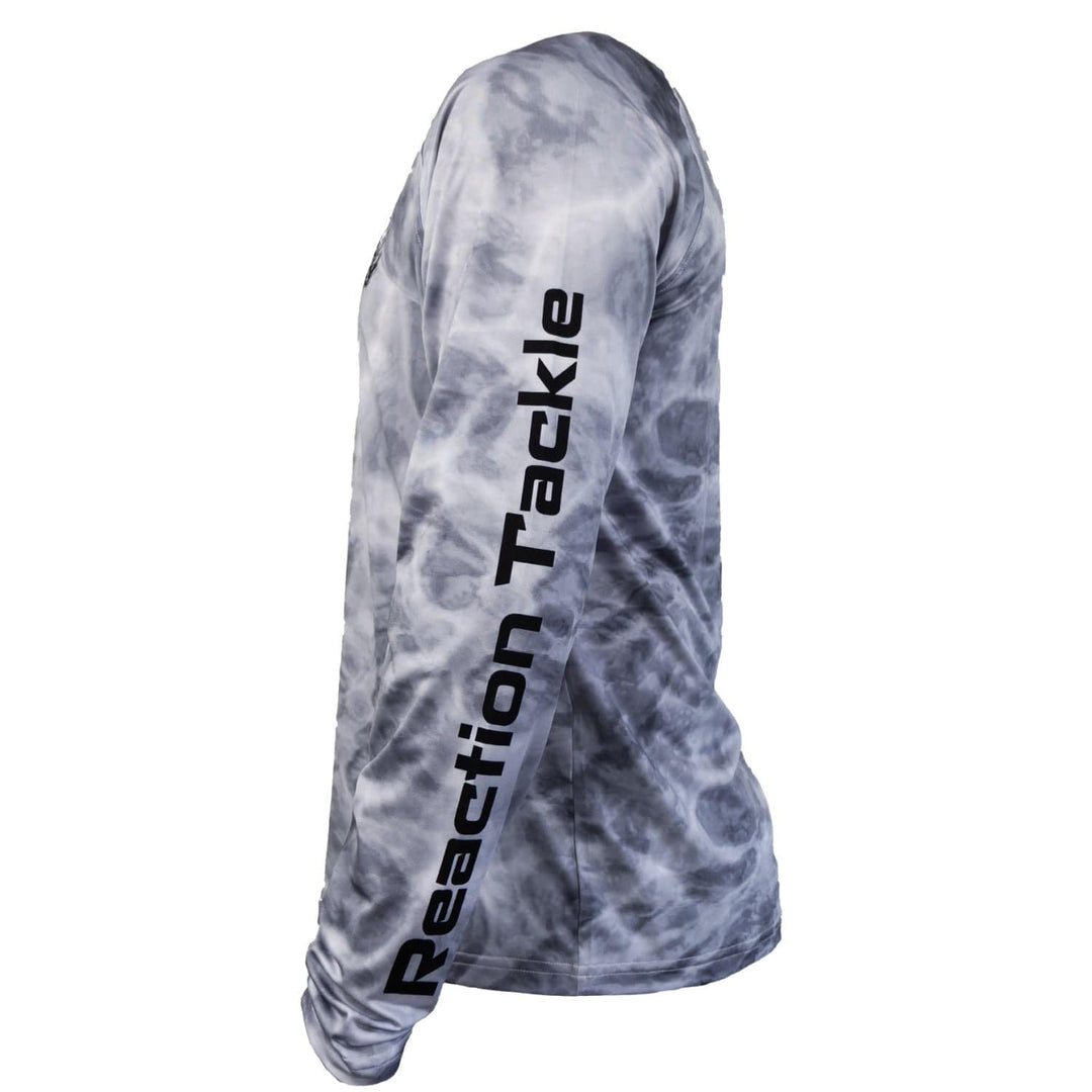 Gray Reaction Tackle SPF 50+ long sleeve fishing shirt with UV protection, designed for outdoor fishing activities.