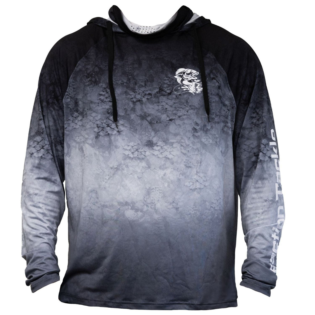 Reaction Tackle SPF 50+ black long sleeve fishing shirt with hood and gaiter, designed for UV protection and outdoor fishing activities.
