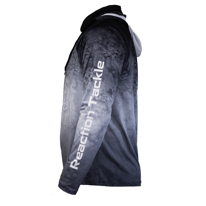 Black Reaction Tackle SPF 50+ long sleeve fishing shirt with hood and gaiter, designed for UV protection and sun safety.