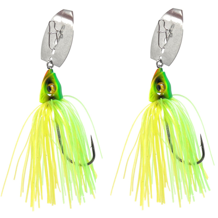 Two Reaction Tackle Tungsten Vibrating Bladed Swim Jigs in a 2-pack, featuring chartreuse blades and detailed jig heads for bass fishing.