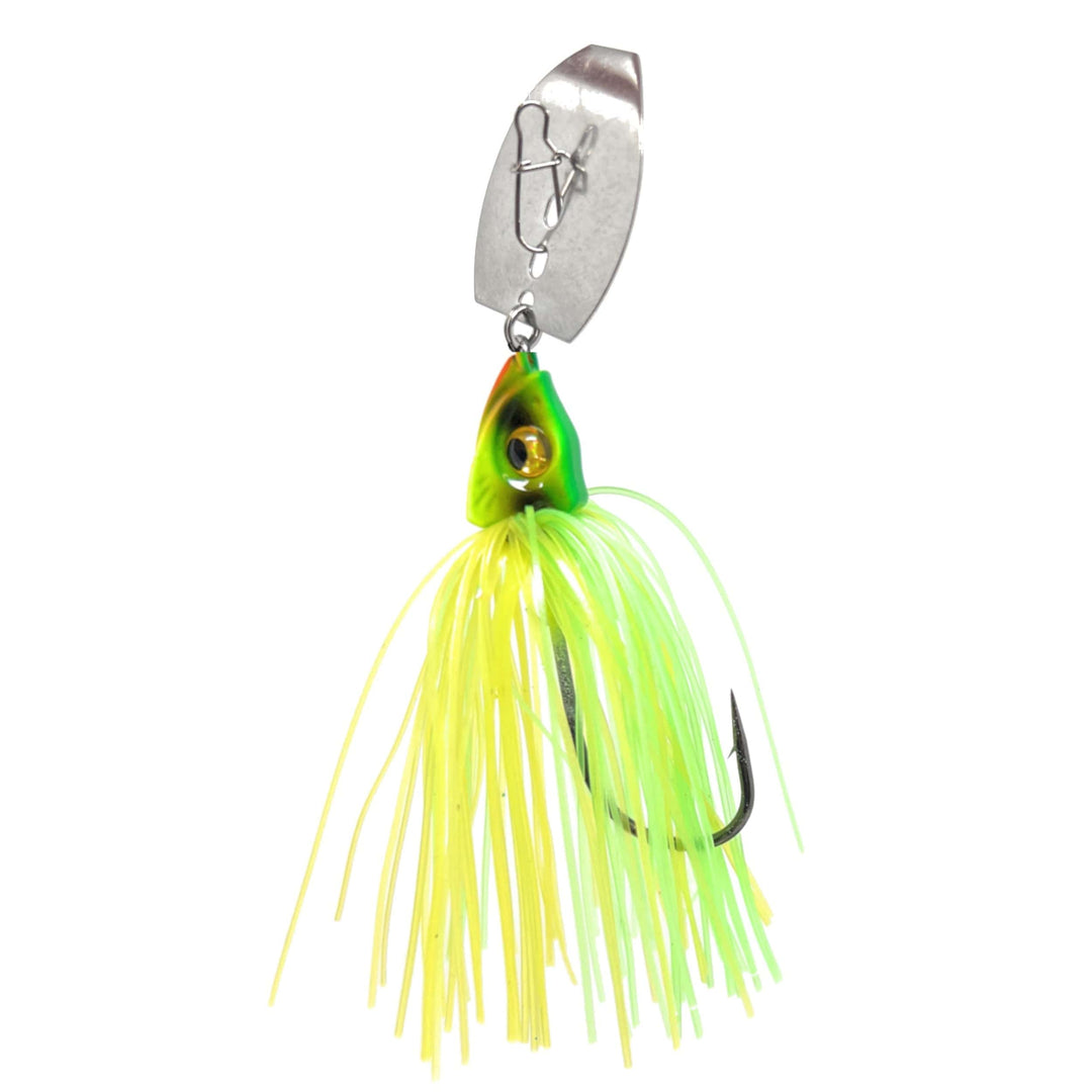 Reaction Tackle Tungsten Vibrating Bladed Swim Jigs in chartreuse, designed for freshwater fishing, shown with blades and hooks.