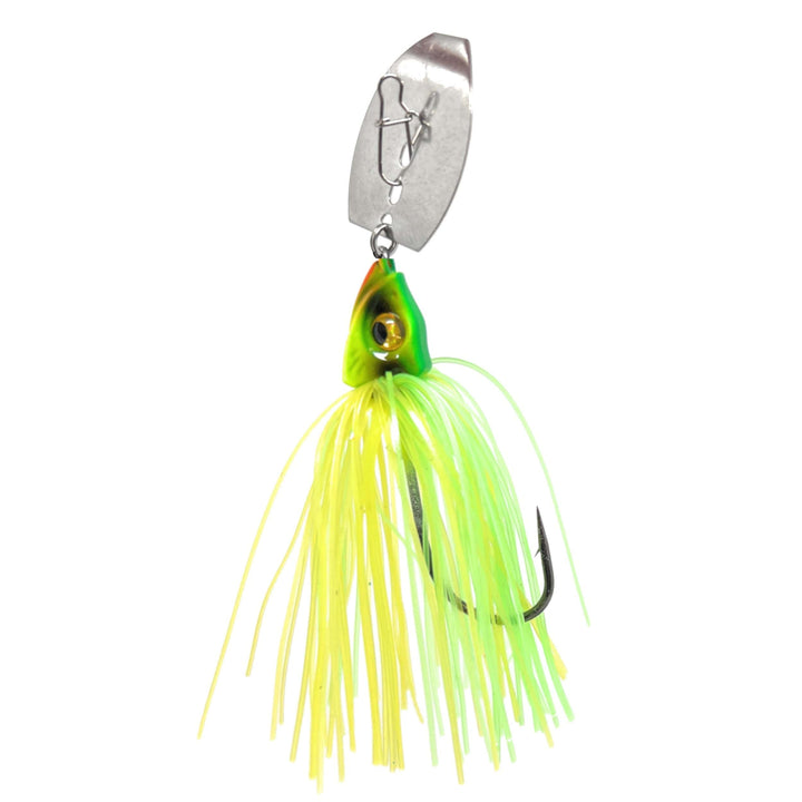 Reaction Tackle Tungsten Vibrating Bladed Swim Jigs in chartreuse, designed for freshwater fishing, shown with blades and hooks.