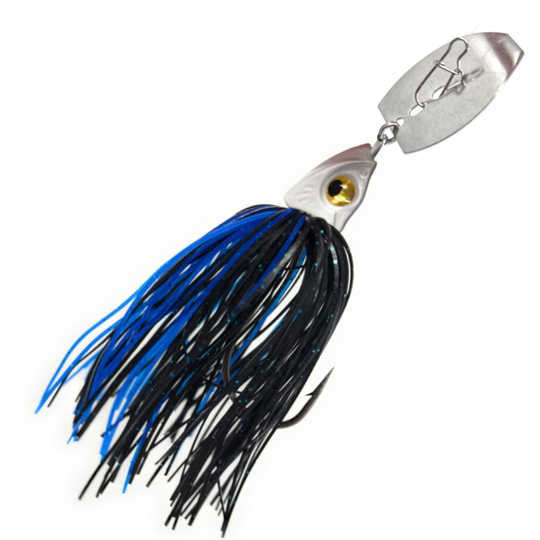 Reaction Tackle Tungsten Vibrating Bladed Swim Jigs in black and blue with blades, designed for freshwater fishing, 2-pack.
