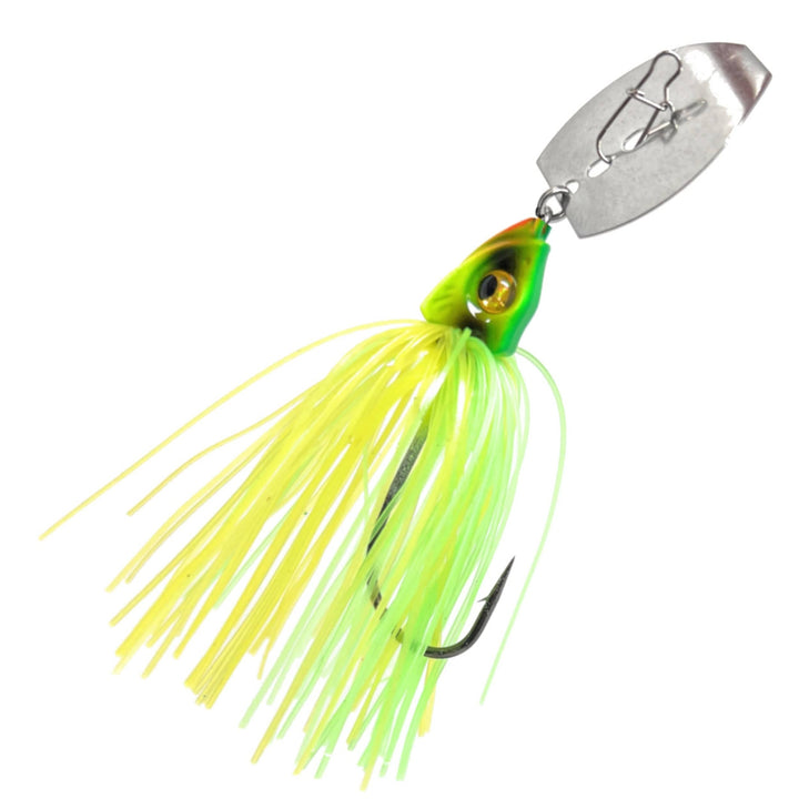 Reaction Tackle Tungsten Vibrating Bladed Swim Jigs 2-pack with chartreuse blades and detailed jig heads for bass fishing.
