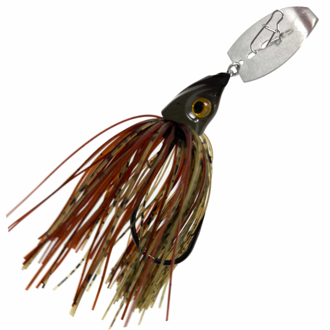 Reaction Tackle Tungsten Vibrating Bladed Swim Jigs 2-Pack with brown blade and detailed lure design for freshwater fishing.