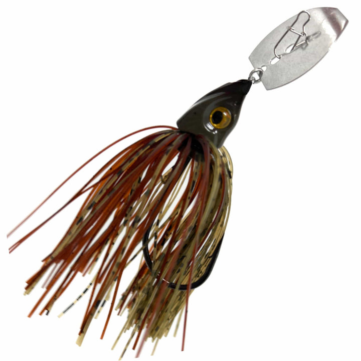Reaction Tackle Tungsten Vibrating Bladed Swim Jigs 2-Pack with brown blade and detailed lure design for freshwater fishing.