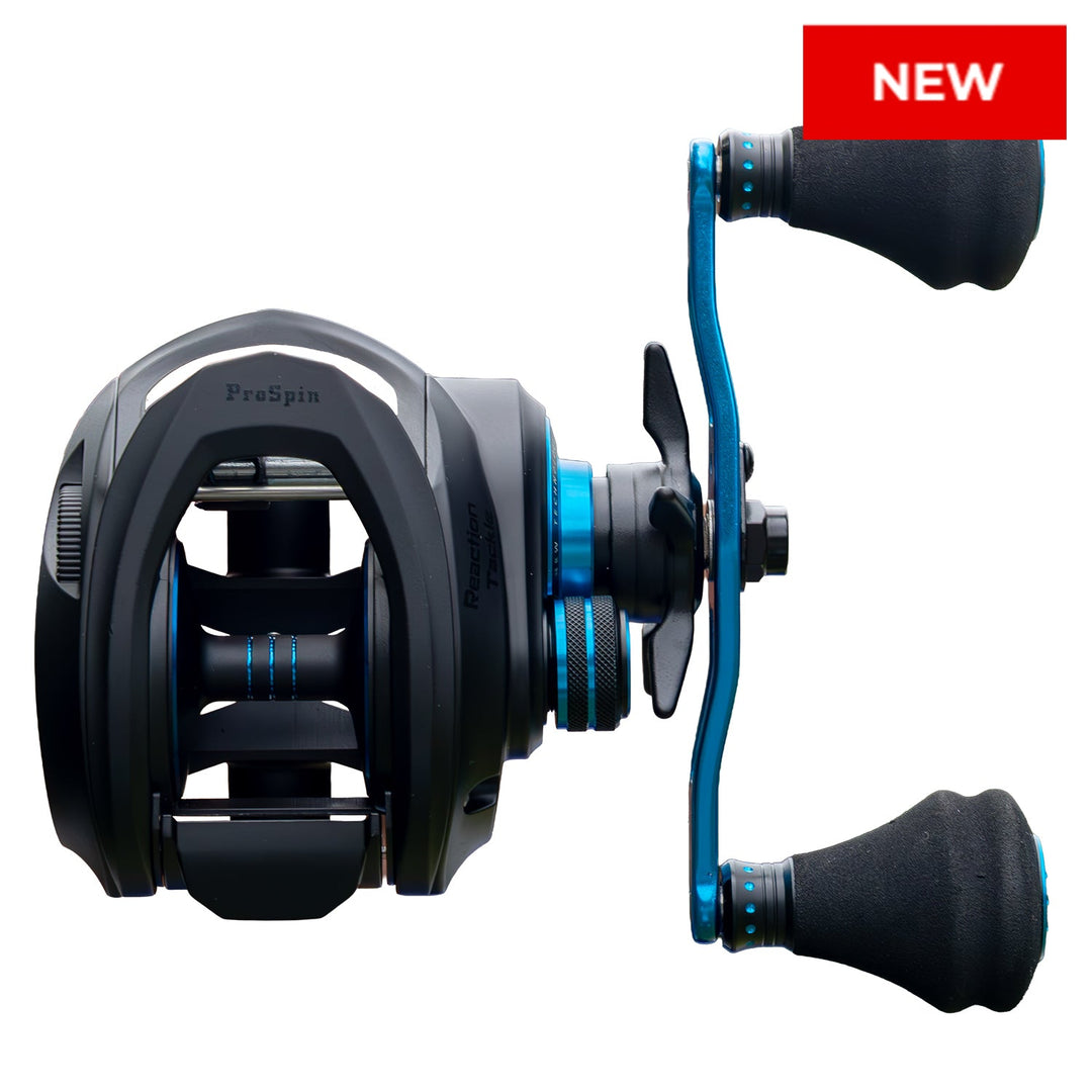 Reaction Tackle ProSpin baitcasting fishing reel with 6.8:1 gear ratio, showcasing the sleek black design and detailed handle.