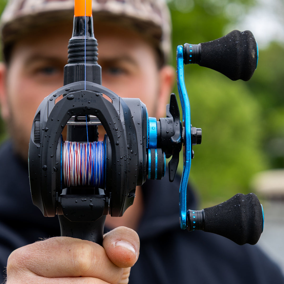 Reaction Tackle ProSpin Baitcasting Fishing Reel with 6.8:1 gear ratio, featuring a sleek design and durable construction.