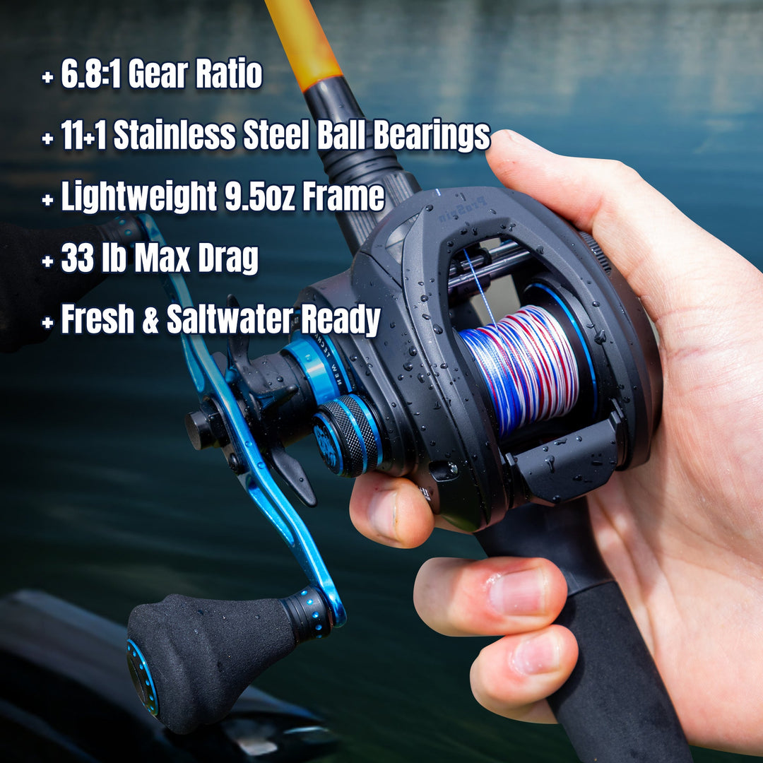 Reaction Tackle ProSpin baitcasting fishing reel with 6.8:1 gear ratio, shown in infographic highlighting features and design.