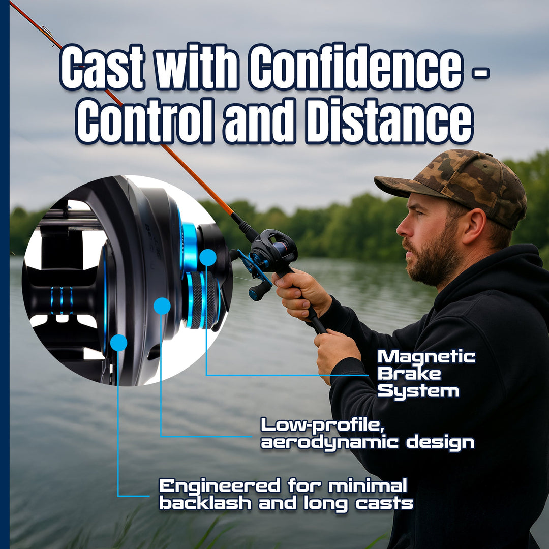 Reaction Tackle ProSpin baitcasting fishing reel with 6.8:1 gear ratio, shown in infographic highlighting features and design.