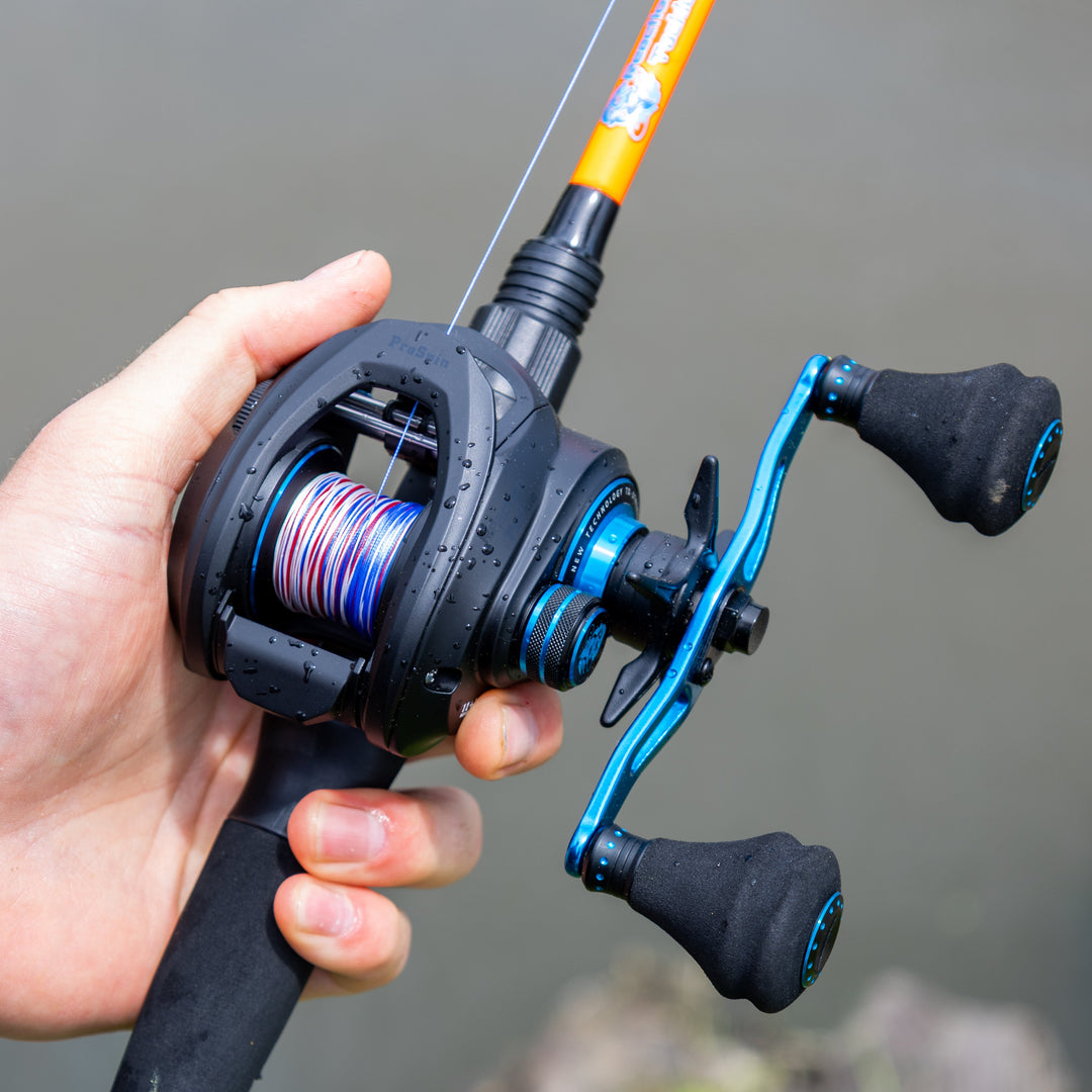 Reaction Tackle ProSpin baitcasting fishing reel with 6.8:1 gear ratio, shown in a close-up image highlighting its design and features.