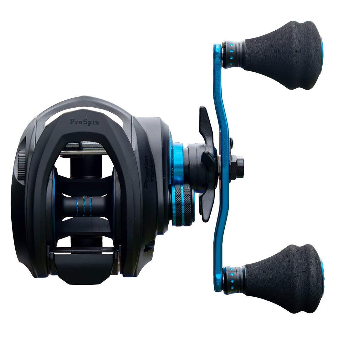 Reaction Tackle ProSpin baitcasting fishing reel with 6.8:1 gear ratio and new logo display, designed for smooth casting and retrieval.