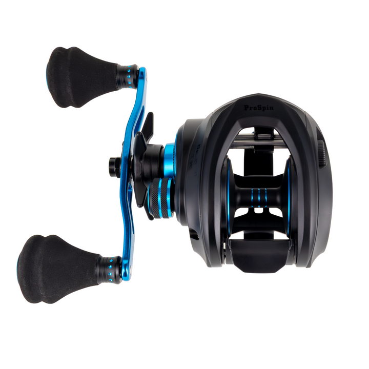 Reaction Tackle ProSpin baitcasting fishing reel with 6.8:1 gear ratio, featuring a sleek design and high-performance components.