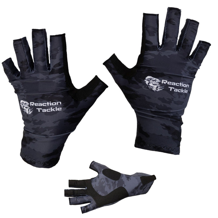 Reaction Tackle UV fishing gloves UPF 50+ in size small, featuring lightweight fabric and grip palm for outdoor fishing activities.
