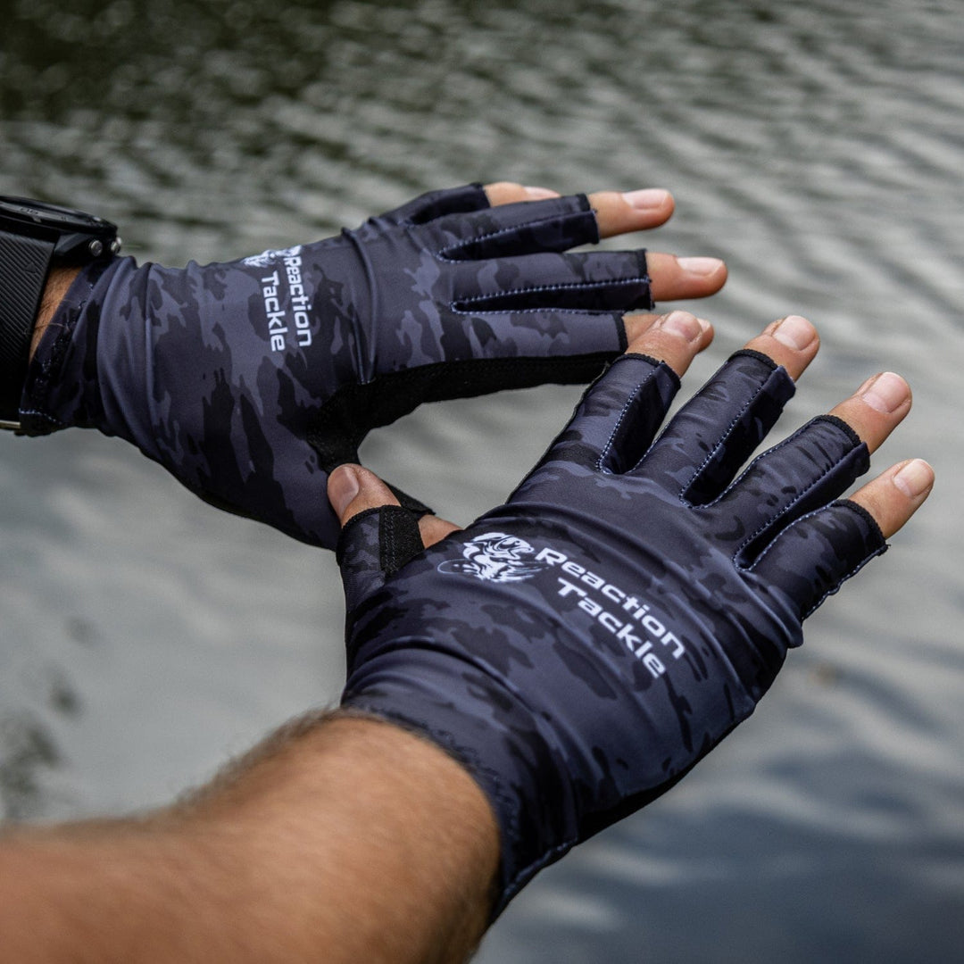 Reaction Tackle UV fishing gloves UPF 50+ in size small, showing lightweight fabric and protective design for anglers