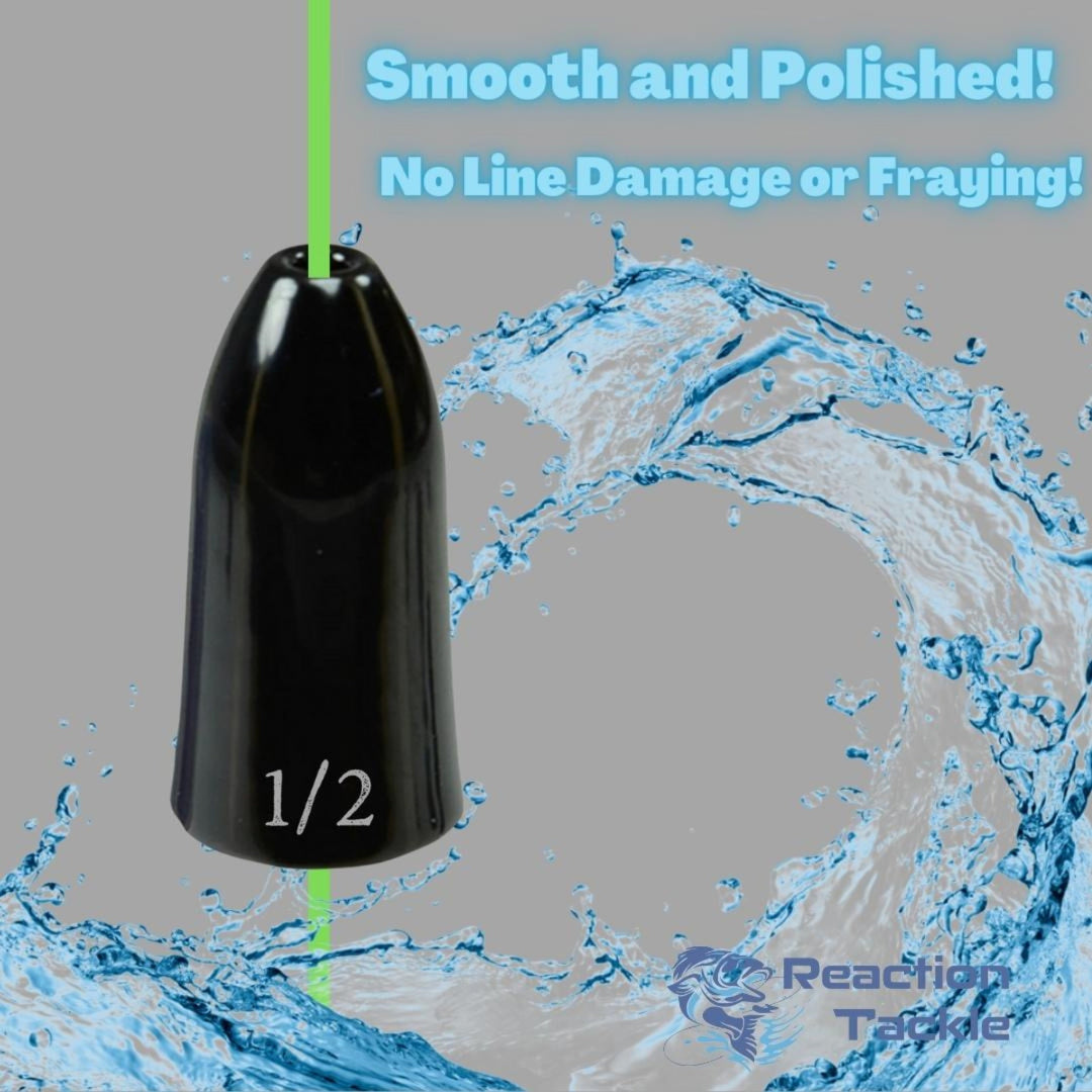 Reaction Tackle tungsten worm weights, bullet-shaped sinkers in green pumpkin, 1/16 oz pack, designed for fishing bait rigs.