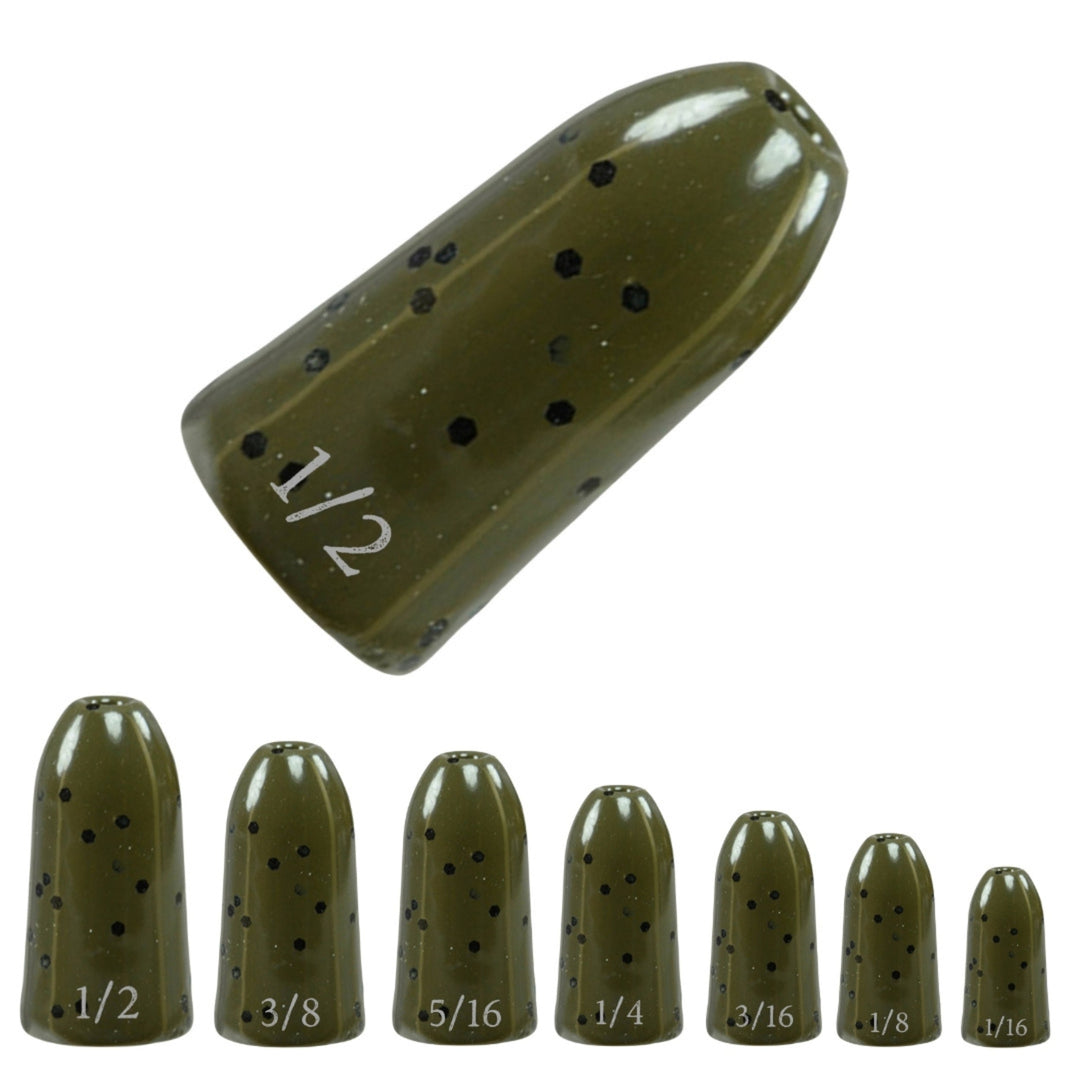 Reaction Tackle tungsten worm weights, bullet-shaped sinkers in green pumpkin, 1/16 oz, pack of 12 for fishing.