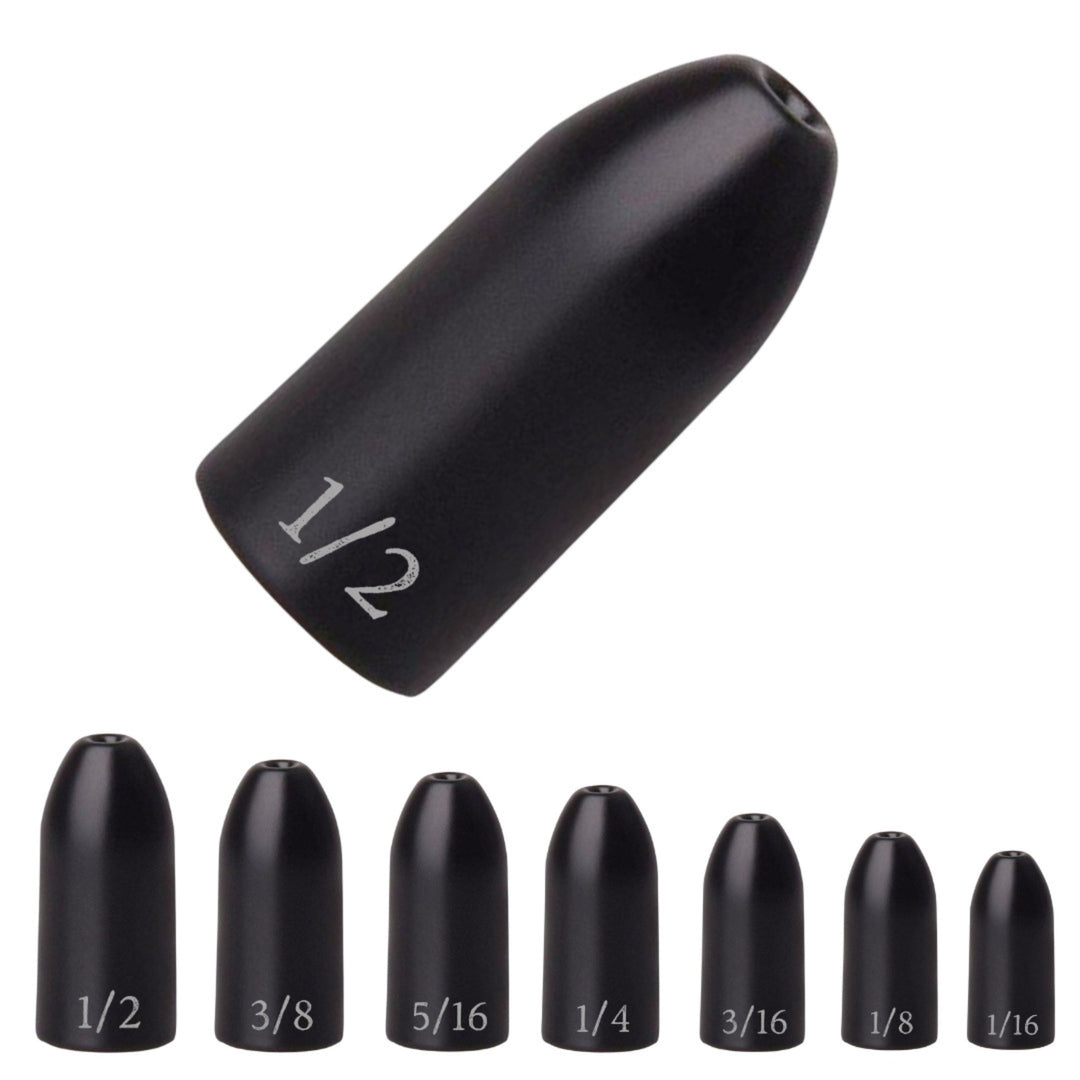 Reaction Tackle tungsten worm weights in green pumpkin, bullet-shaped sinkers, 1/16 oz, pack of 12 for fishing.