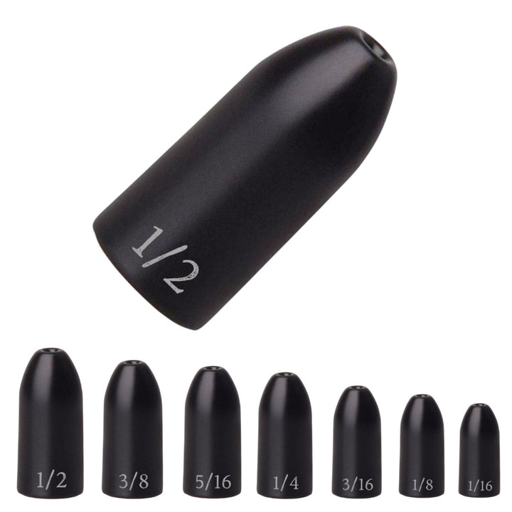 Reaction Tackle tungsten worm weights in green pumpkin, bullet-shaped sinkers, 1/16 oz, pack of 12 for fishing.