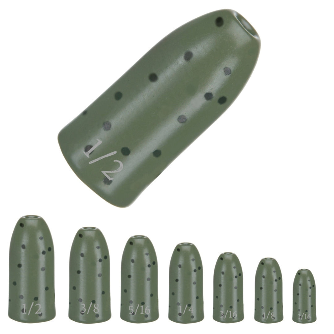 Reaction Tackle tungsten worm weights, green pumpkin bullet-shaped sinkers, 1/16 oz, pack of 12 for fishing tackle and bait presentation.