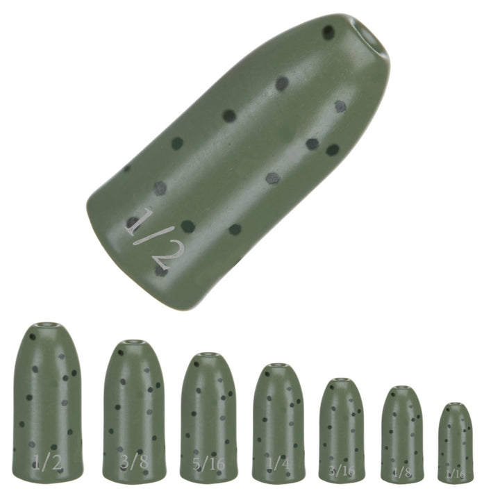 Reaction Tackle tungsten worm weights, green pumpkin bullet-shaped sinkers, 1/16 oz, pack of 12 for fishing tackle and bait presentation.