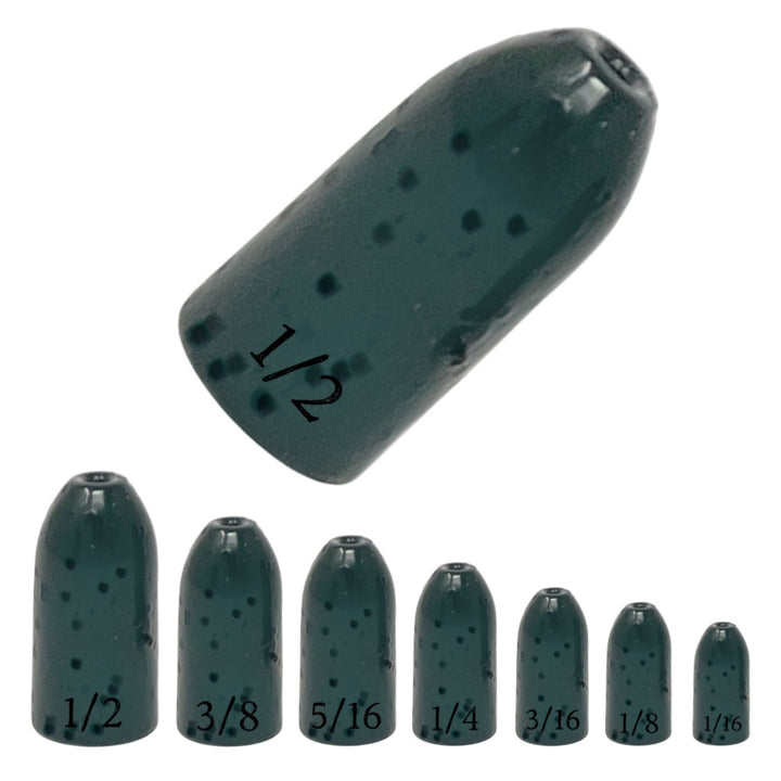 Reaction Tackle tungsten worm weights, bullet-shaped sinkers in green pumpkin, 1/16 oz, pack of 12 for fishing and lure rigs.