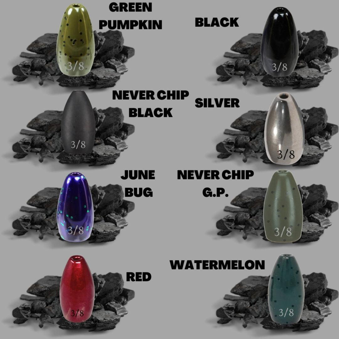 Reaction Tackle Tungsten Flipping Weights in green pumpkin, 3/8 oz sinkers perfect for bass fishing, 6-pack of high-quality weights.