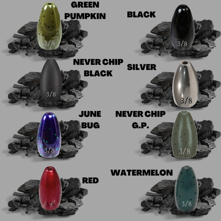 Reaction Tackle Tungsten Flipping Weights in green pumpkin, 3/8 oz sinkers perfect for bass fishing, 6-pack of high-quality weights.