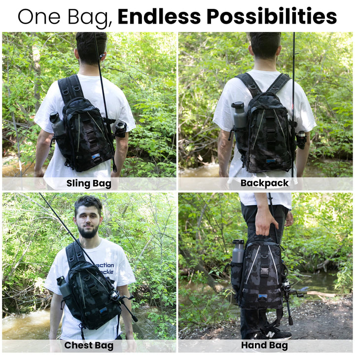 Reaction Tackle 2-in-1 fishing tackle sling bag and backpack in medium size, featuring multiple compartments and adjustable straps.