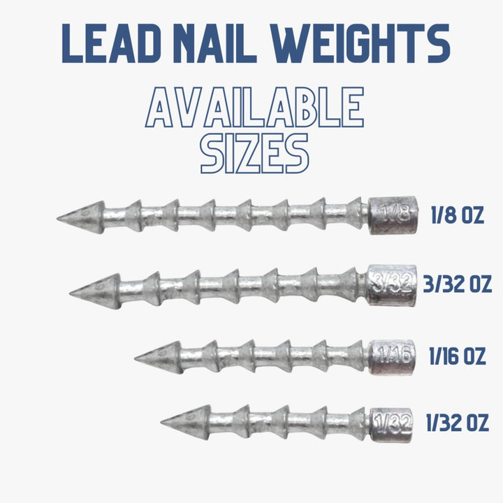 Reaction Tackle tungsten lead nail weights and insert sinkers, shown in infographic with various sizes and features for fishing.
