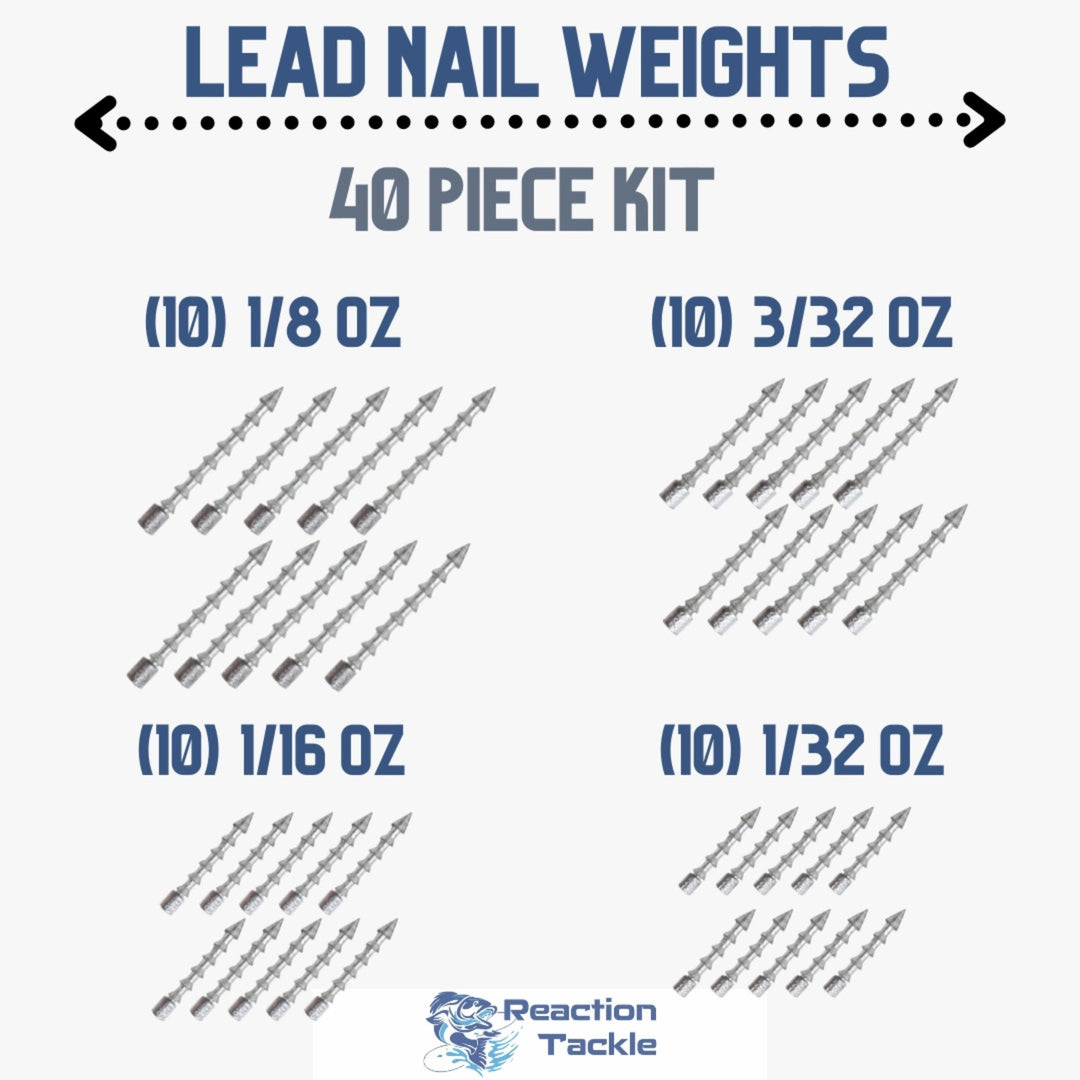 Reaction Tackle tungsten lead nail weights and insert sinkers, 40-piece set, showing various weights and fishing sinker designs.