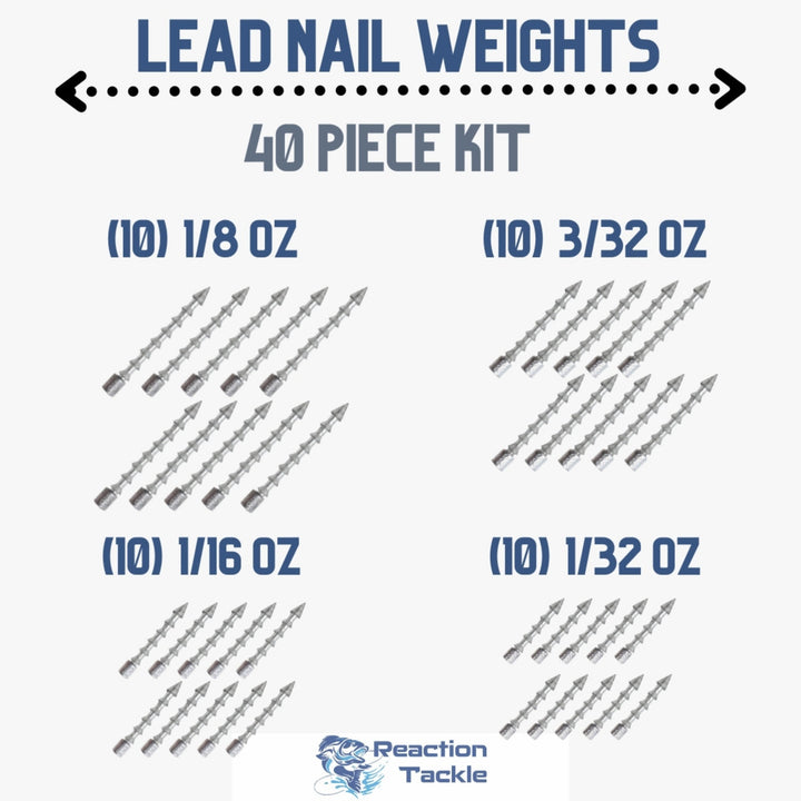 Reaction Tackle tungsten lead nail weights and insert sinkers, 40-piece set, showing various weights and fishing sinker designs.