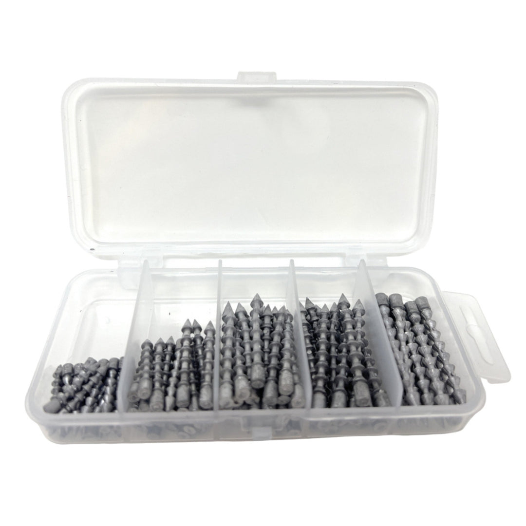 Pack of 100 Reaction Tackle tungsten lead nail weights or insert sinkers for fishing, showing shiny metallic finish and tapered design.