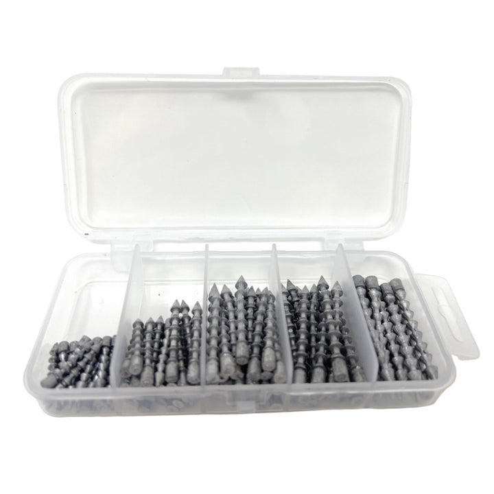 Pack of 100 Reaction Tackle tungsten lead nail weights or insert sinkers for fishing, showing shiny metallic finish and tapered design.