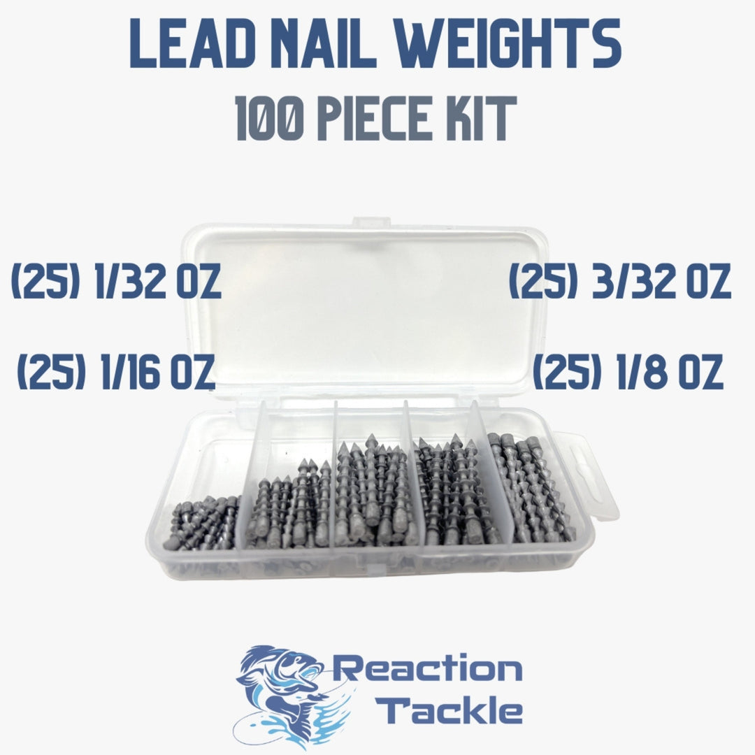 Reaction Tackle tungsten lead nail weights, 100-piece set, showing various sizes of insert sinkers for fishing.