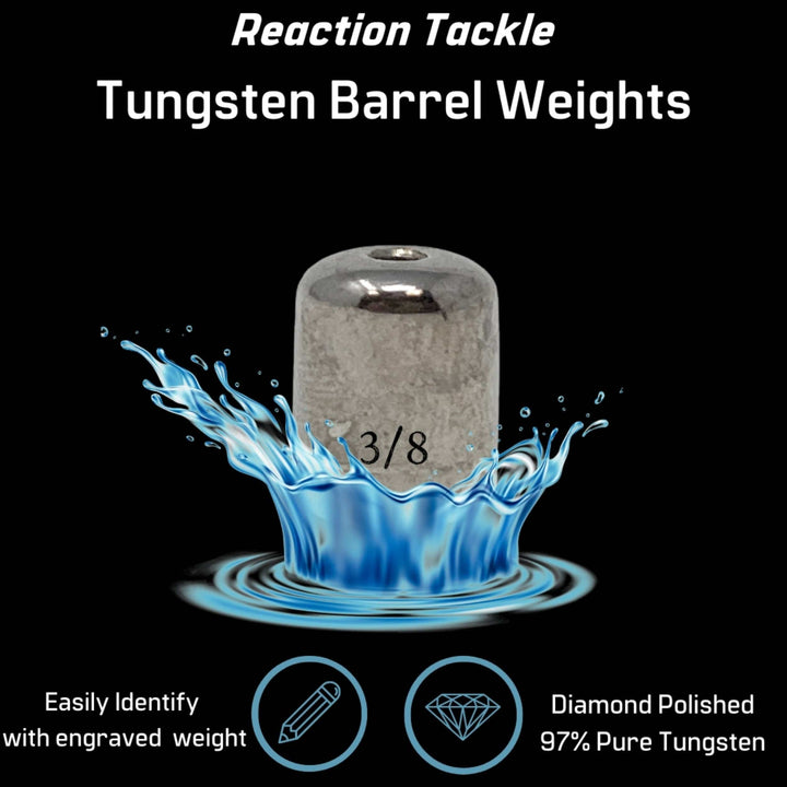 Reaction Tackle tungsten barrel weights in silver, 1/8 oz, pack of 8, designed for fishing and tackle applications.