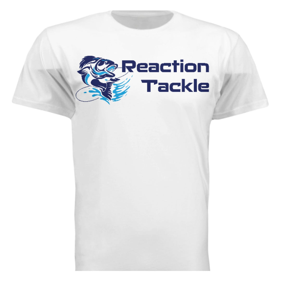 White Reaction Tackle short sleeve T-shirt with logo print, casual fit, lightweight cotton fabric, suitable for everyday wear.