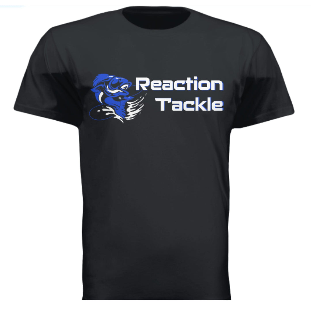 White Reaction Tackle short sleeve T-shirt with logo, shown on a small-sized model, casual fit, perfect for fishing enthusiasts.