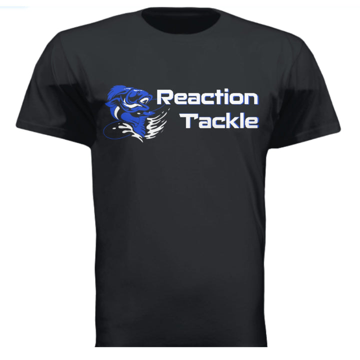 White Reaction Tackle short sleeve T-shirt with logo, shown on a small-sized model, casual fit, perfect for fishing enthusiasts.