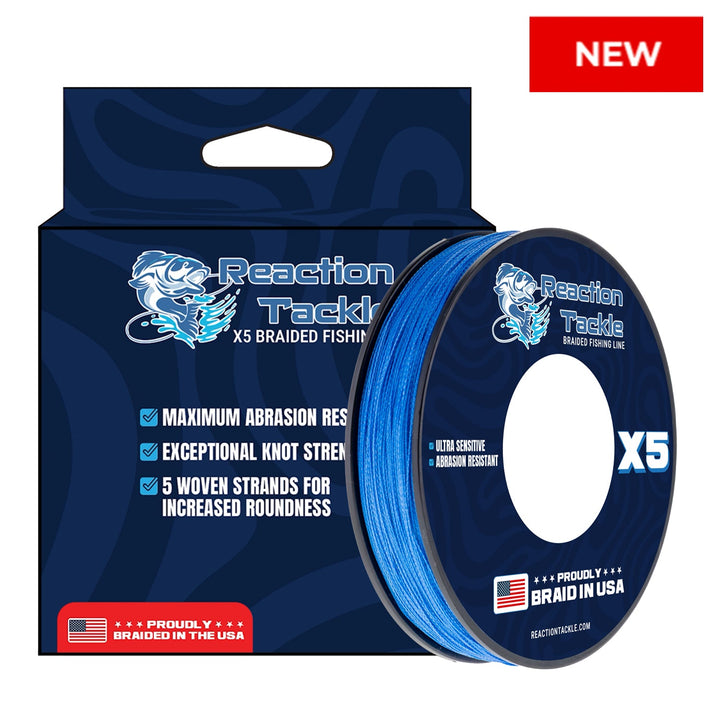 Reaction Tackle braided fishing line, 5X Braid, new USA-made fishing line coiled in a box, ideal for anglers and freshwater fishing.