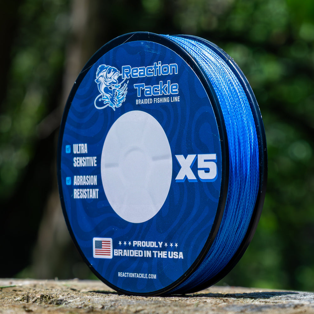 Reaction Tackle braided fishing line, 5X, made in the USA, close-up of the durable, tightly woven braid for fishing enthusiasts.