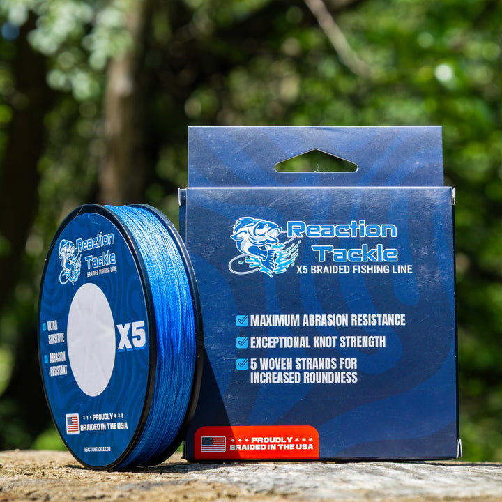 Reaction Tackle braided fishing line, 5X strength, USA-made, close-up showing the durable braided texture and high-quality design.