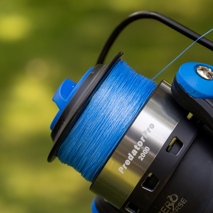 Reaction Tackle braided fishing line, 5x strength, made in the USA, close-up of the durable, tightly woven fishing line.