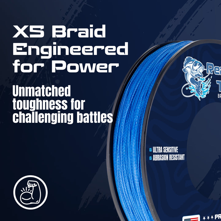 Reaction Tackle braided fishing line, 5X, USA-made, close-up showing the high-strength, durable braided fishing line in a spool.